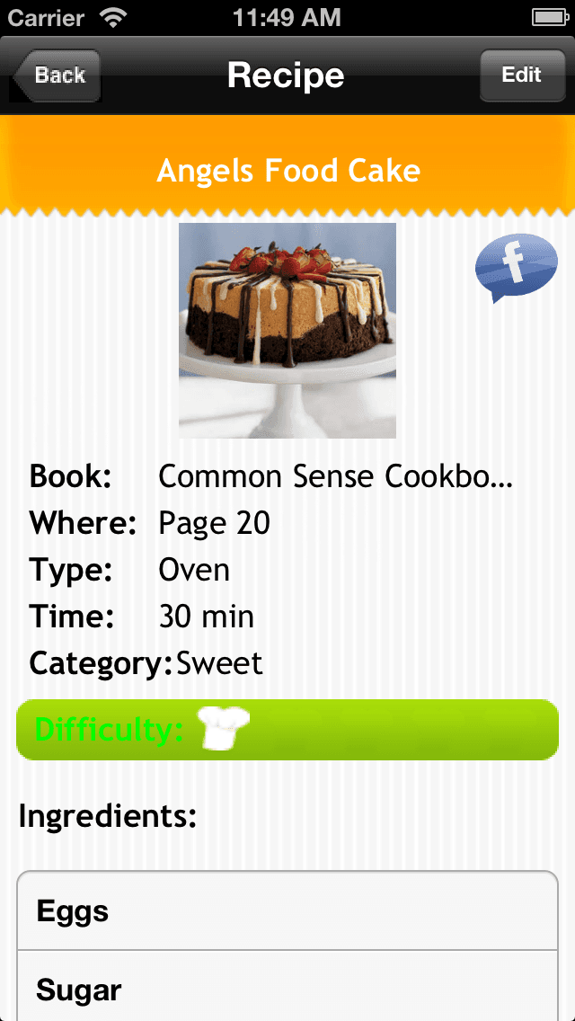 A recipe indexed with its cookbook and ingredients